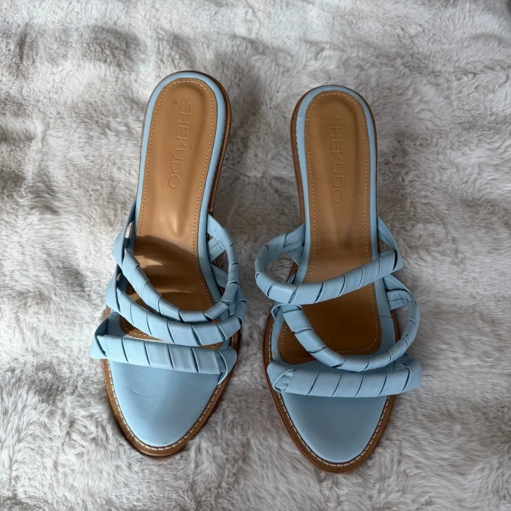 Shekudo Gordons Bay Leather Heeled Sandals in Baby Blue - Picture 2 of 5